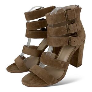 Saks Three‎ Buckle Tan Suede Chunky Heel Back Zip Sandal. Sz 9